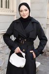 Siyah Uzun Kruvaze Kemerli Trençkot