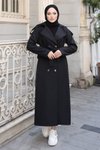 Long Double-Breasted Belted Trench Coat - Black