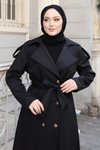 Siyah Uzun Kruvaze Kuşaklı Trençkot