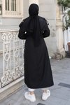 Siyah Uzun Kruvaze Kuşaklı Trençkot