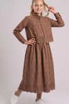 Full Buttoned Eyelet Lace Cotton Girls' Dress - Brown