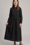 Full Shirt Cotton Eyelet Detail Girls' Dress - Black