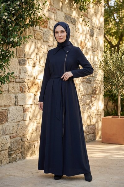 Notch Lapel Abaya - Navy Blue