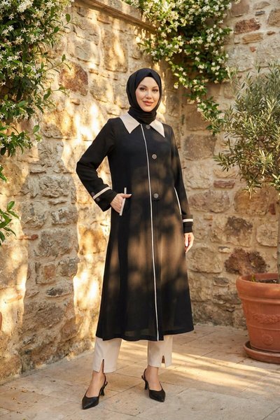 Pocket Accessory Long Modest Outer Coat - Black