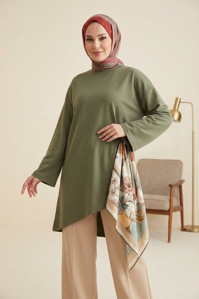 Asymmetric Combed Cotton Laced Tunic - Khaki