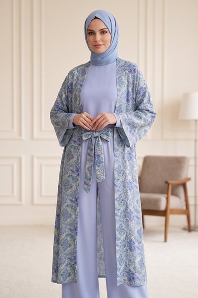 Mavi Desenli Kimono Tunik Takım