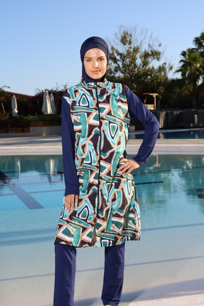 Long Geometric Full-Cover Zipped Burkini - Multi-Colored