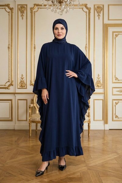 Plus Size Ruffle-Side Abaya Dress - Navy Blue