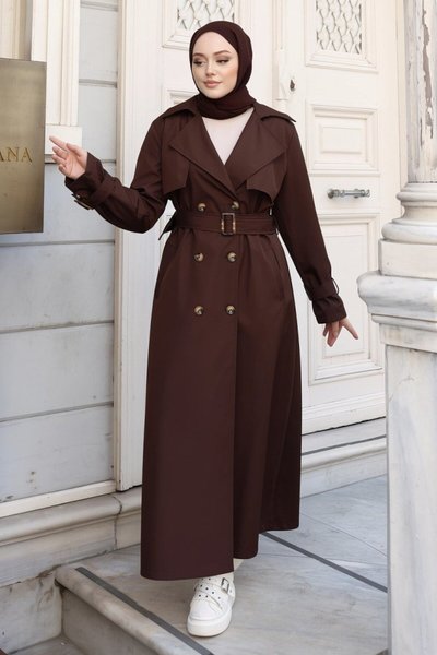 Long Double-Breasted Belted Trench Coat - Brown