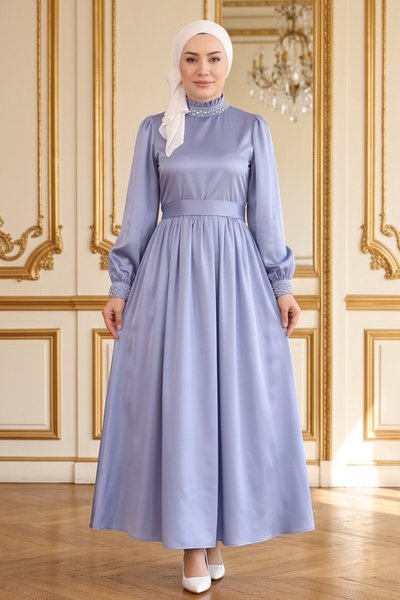 Satin Pearl-Detailed Modest Evening Dress - Blue