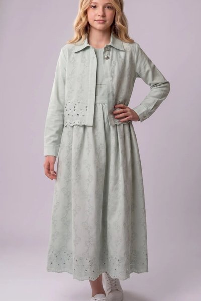 Cotton Eyelet Detail Shirred Girls' Dress - Light Green