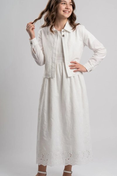 Full Shirt-Style Eyelet-Detailed Cotton Girls' Dress - White