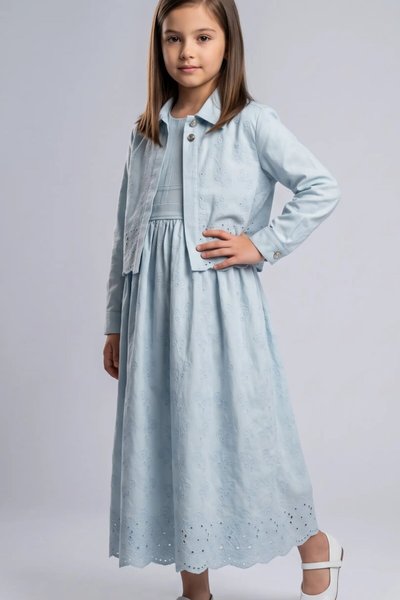 Cotton Eyelet Lace Detail Shirt-Style Girls' Dress - Blue