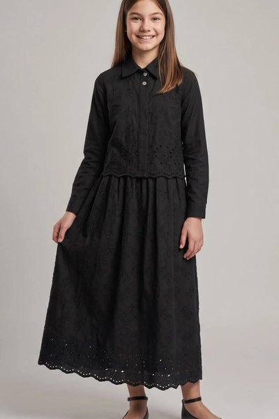Full Shirt Cotton Eyelet Detail Girls' Dress - Black