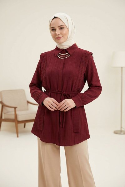 Bordo Omuz Detaylı Tunik