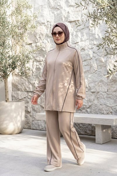 Stand Collar Zipped Striped Modest Set - Beige Khaki