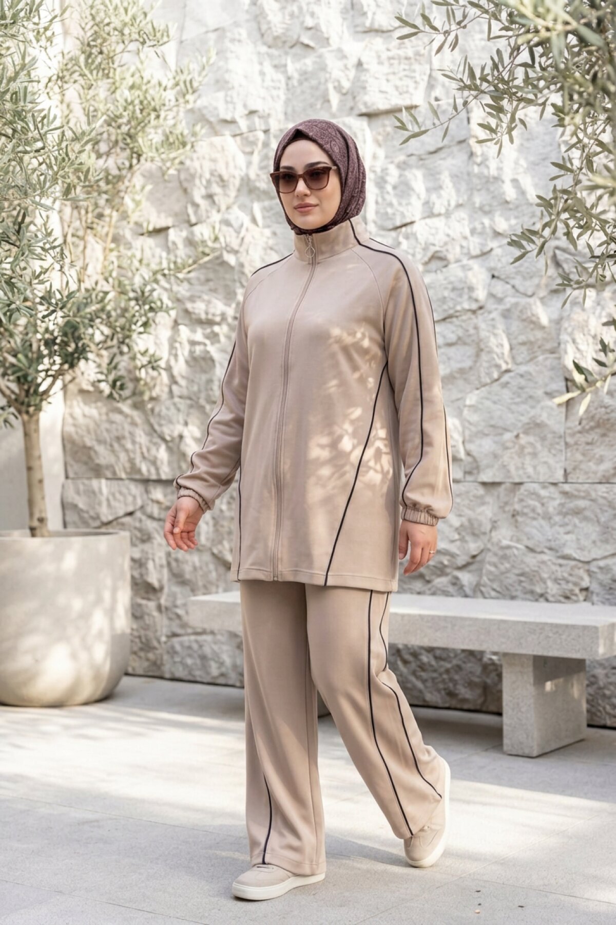 Stand Collar Zipped Striped Modest Set - Beige Khaki - Wovi Moda