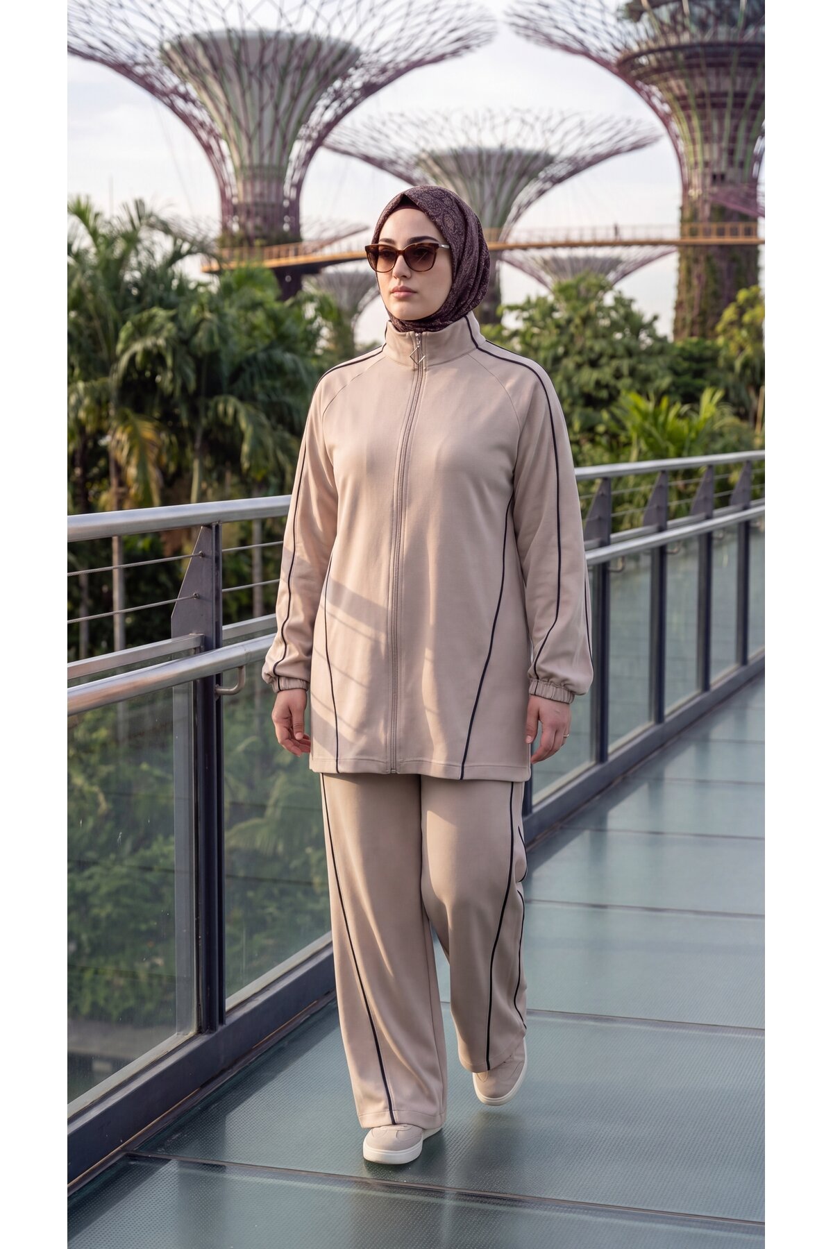 Stand Collar Zipped Striped Modest Set - Beige Khaki - Wovi Moda