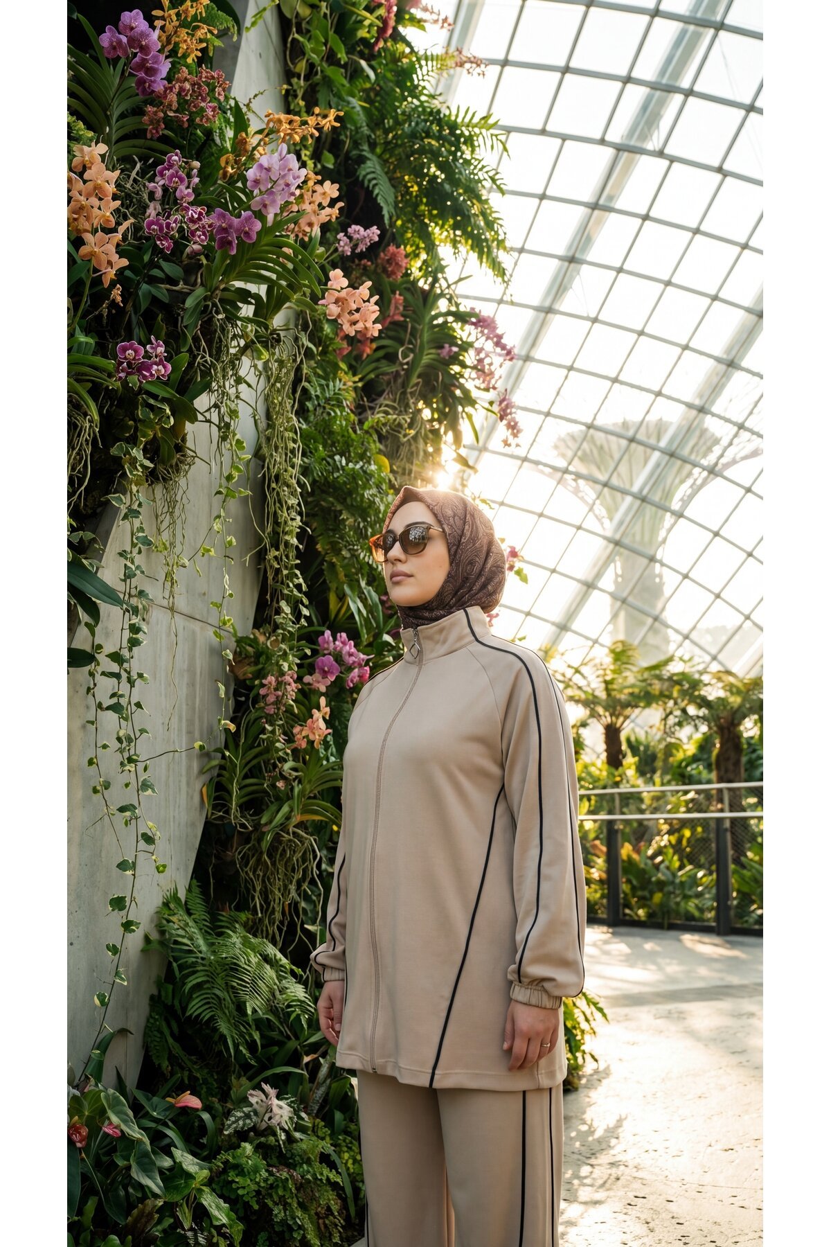 Stand Collar Zipped Striped Modest Set - Beige Khaki - Wovi Moda