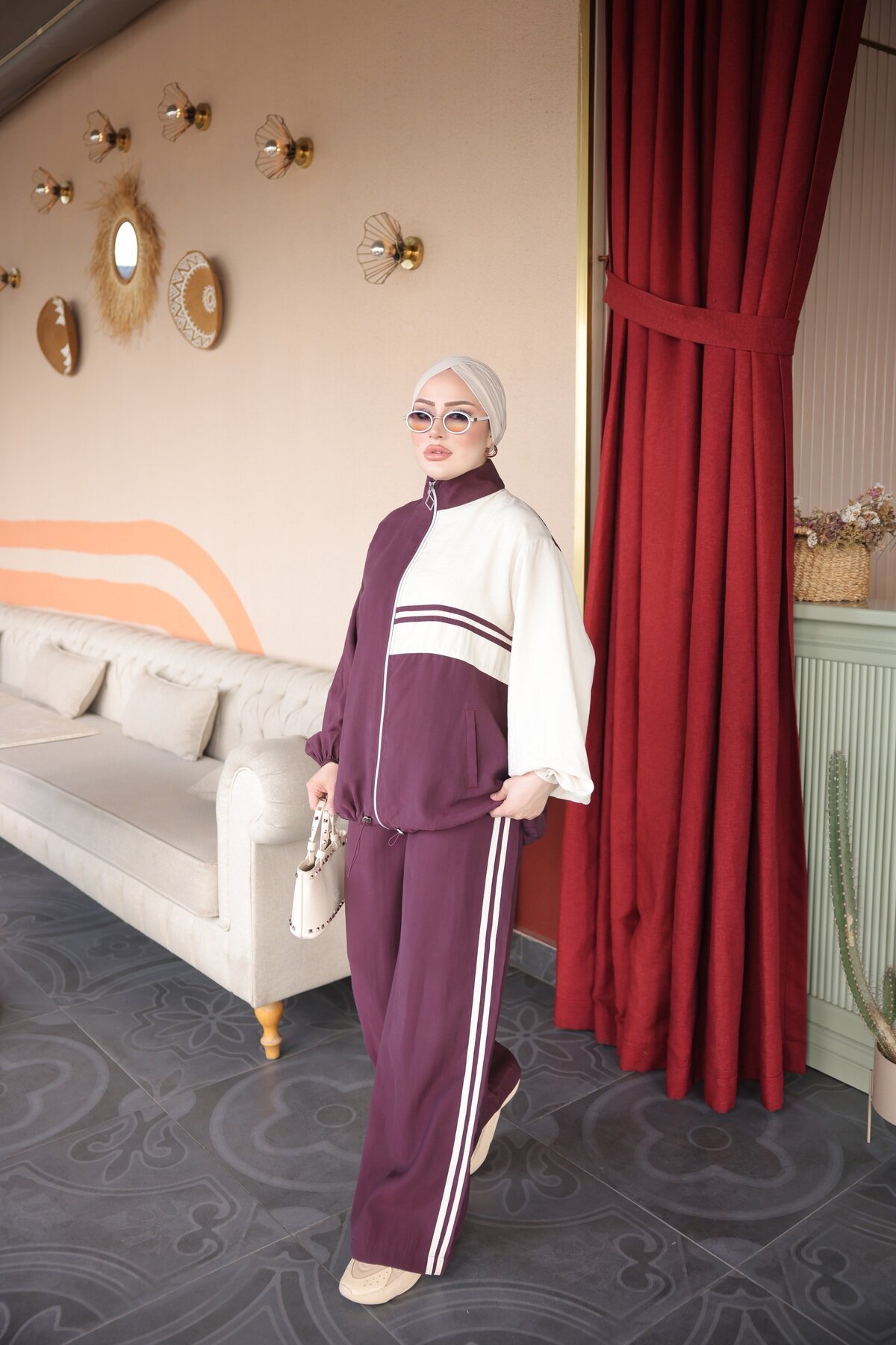 Bordo Krem Bloklu Fermuarlı Eşofman Takımı - Wovi Moda