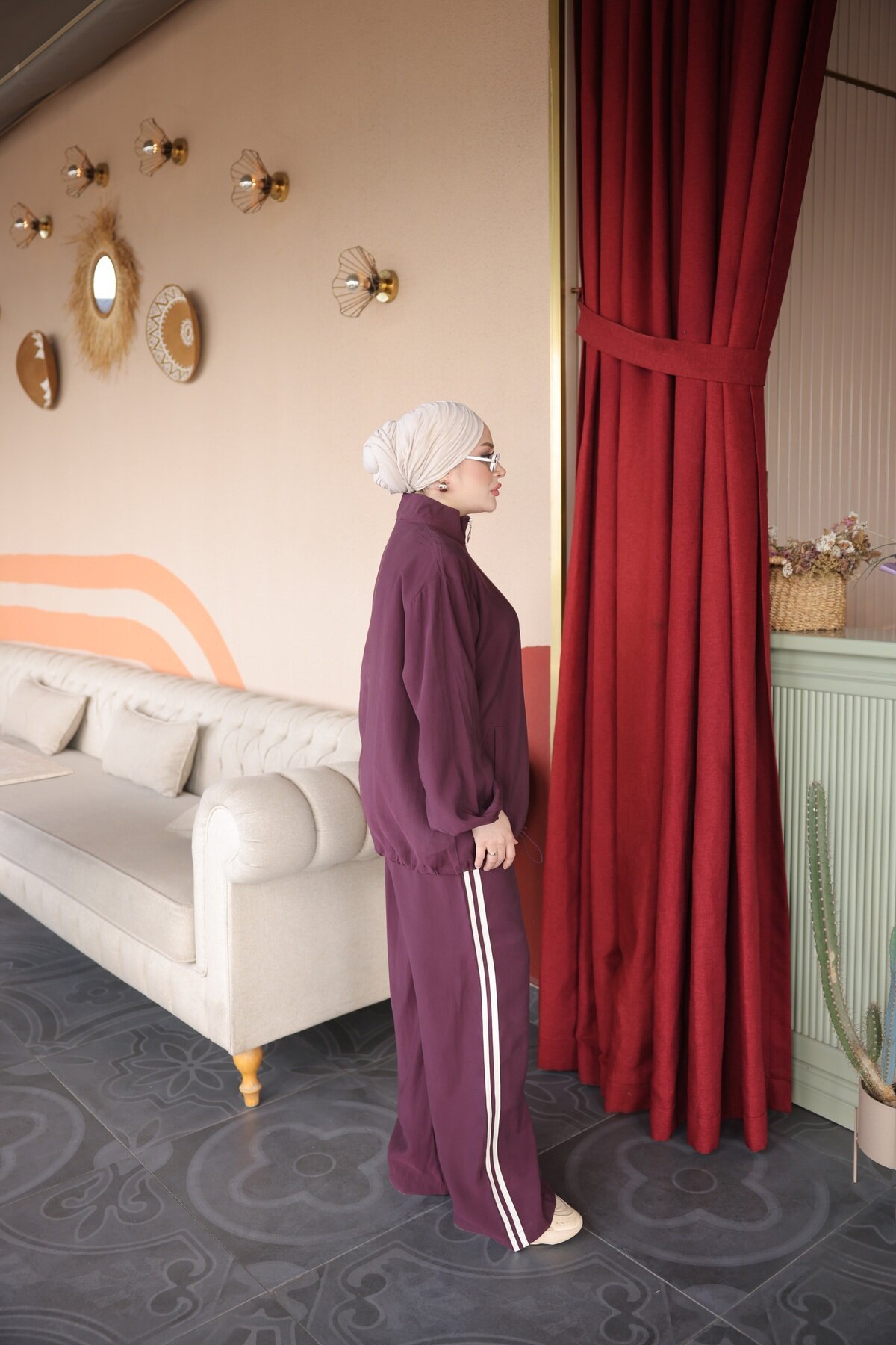 Bordo Krem Bloklu Fermuarlı Eşofman Takımı - Wovi Moda