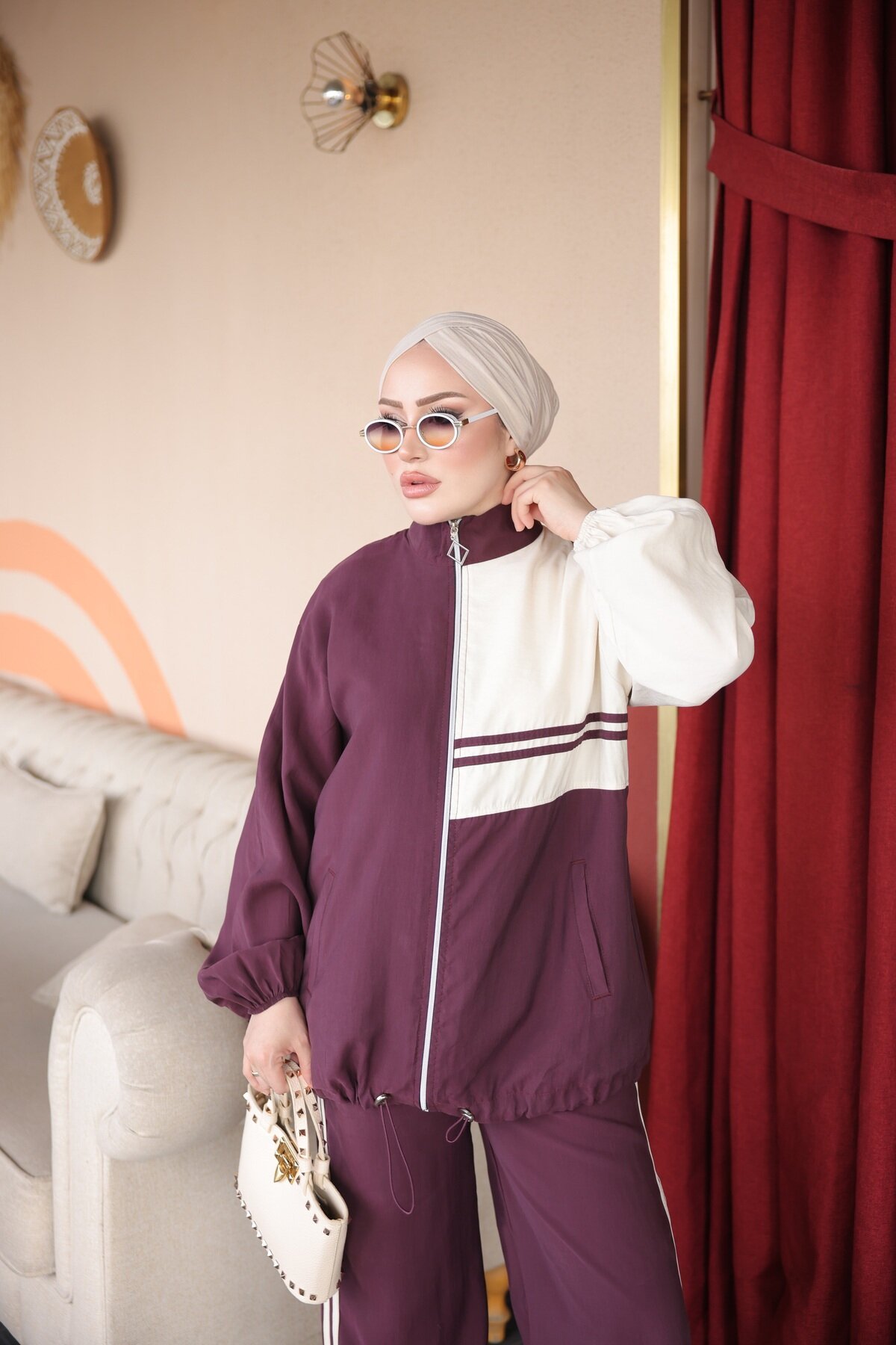 Bordo Krem Bloklu Fermuarlı Eşofman Takımı - Wovi Moda