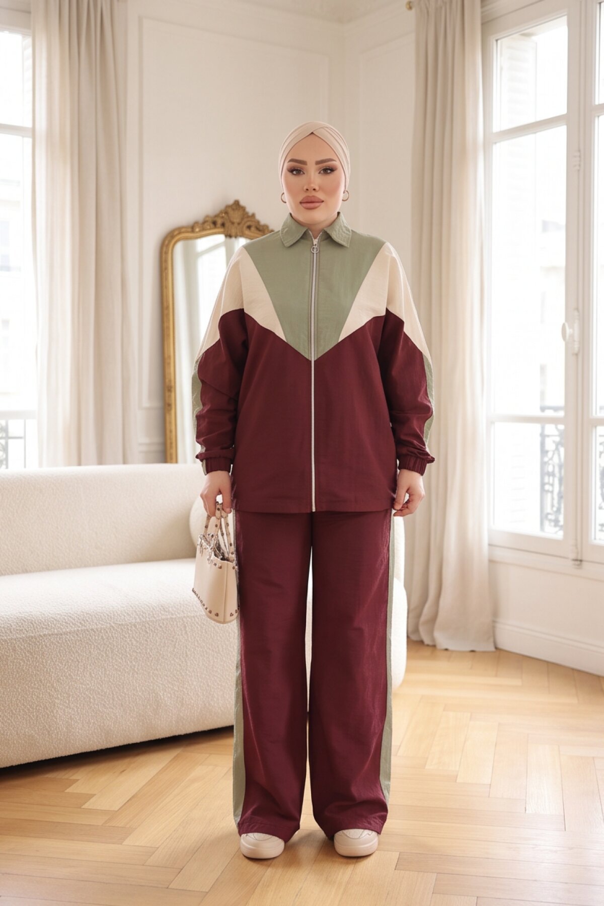 Bordo Rahat Kesim Fermuarlı Ceketli Şerit Detaylı Takım - Wovi Moda