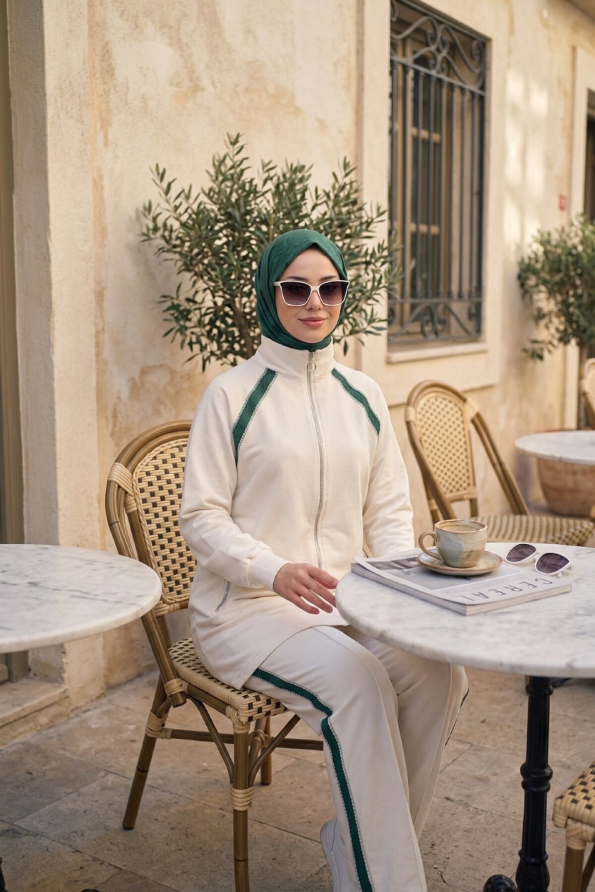 Ekru Dik Yaka Fermuarlı Bol Paça Takım - Wovi Moda
