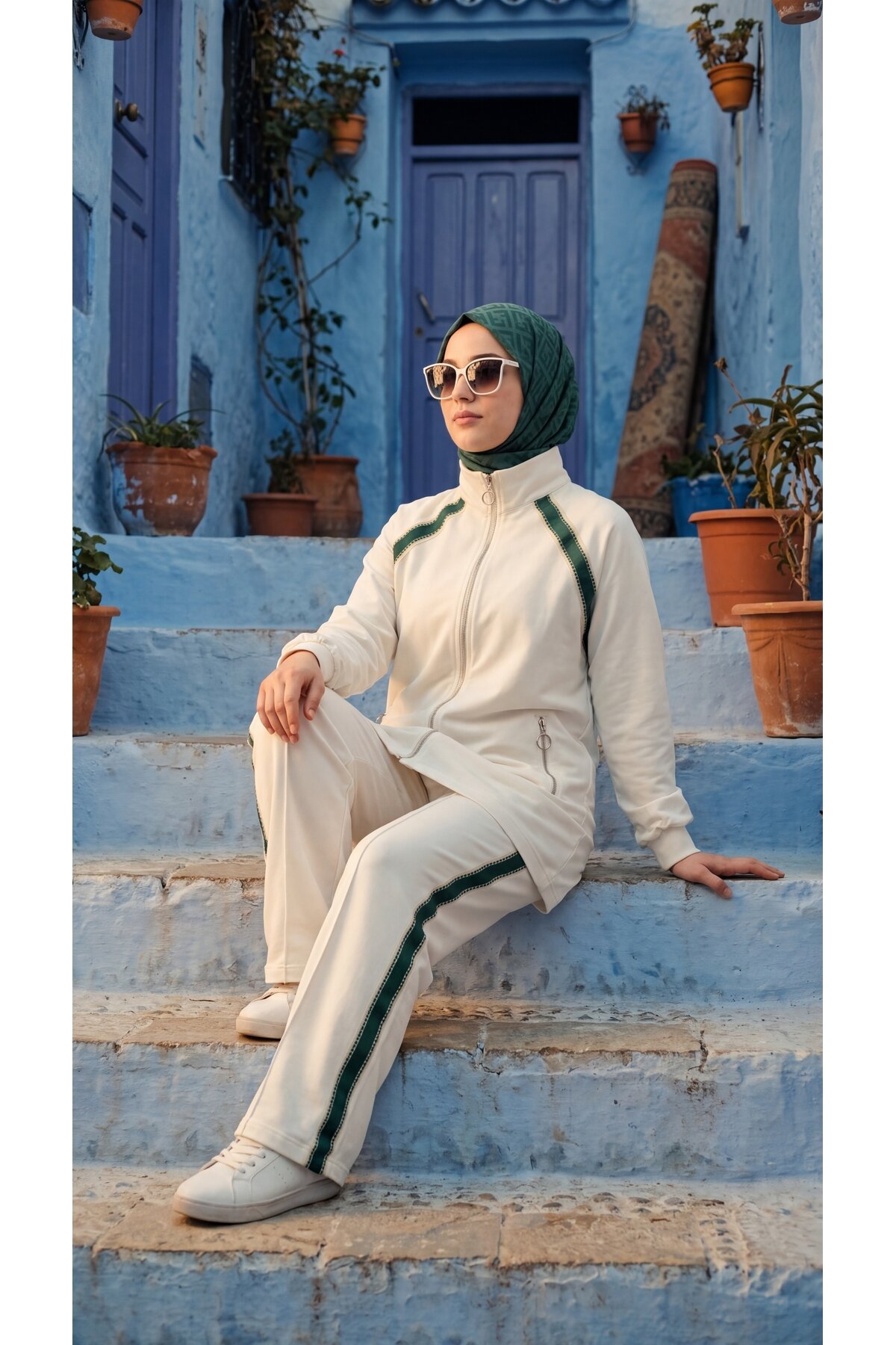 Ekru Dik Yaka Fermuarlı Bol Paça Takım - Wovi Moda