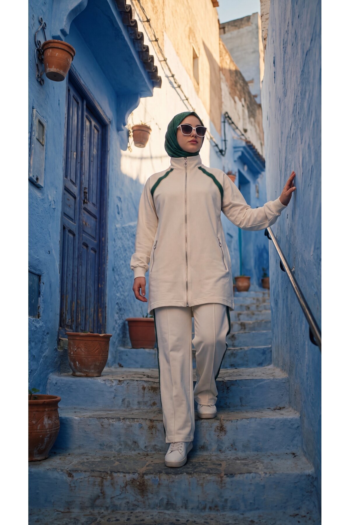 Ekru Dik Yaka Fermuarlı Bol Paça Takım - Wovi Moda