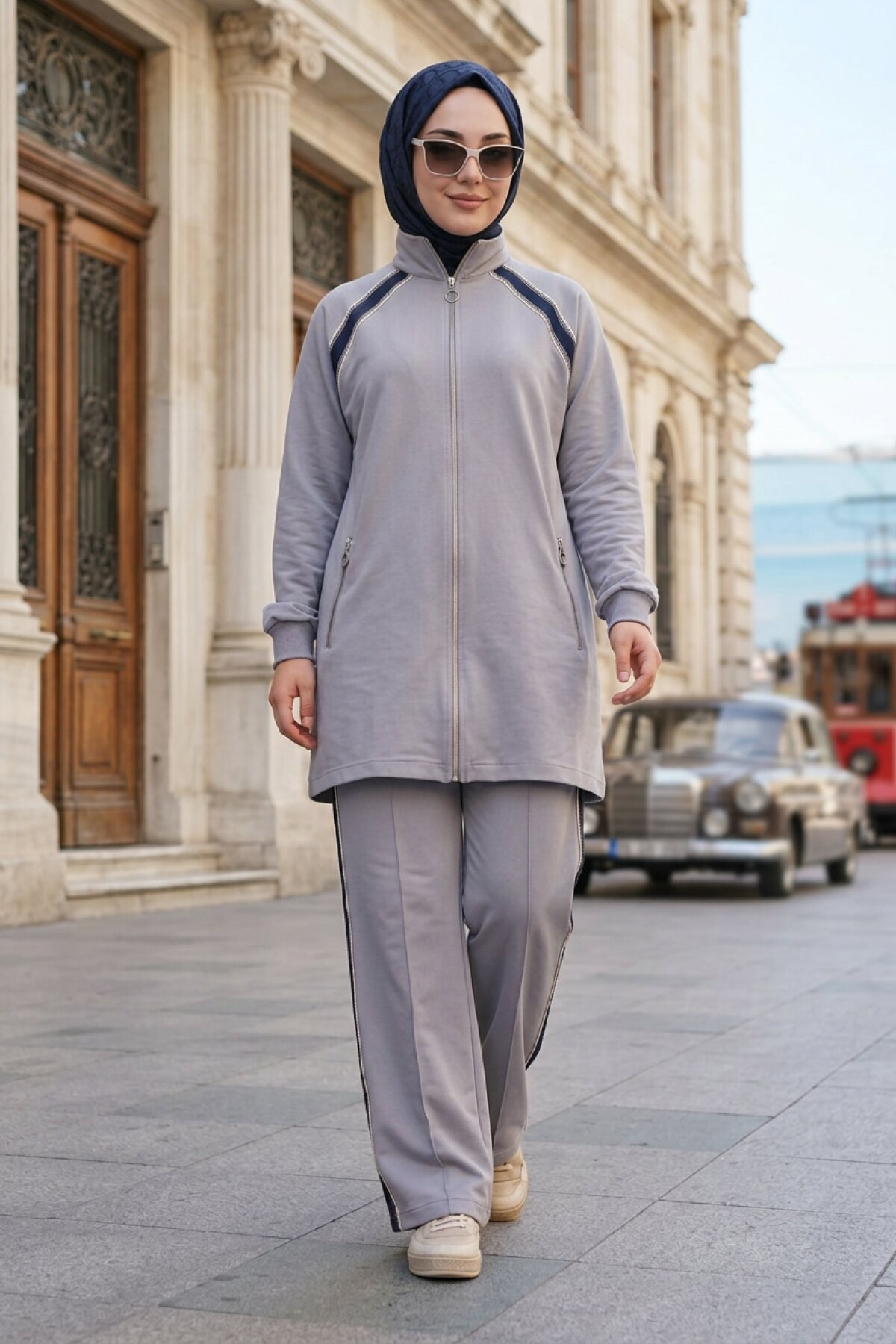 Gri Dik Yaka Fermuarlı Bol Paça Pantolonlu İkili Takım - Wovi Moda