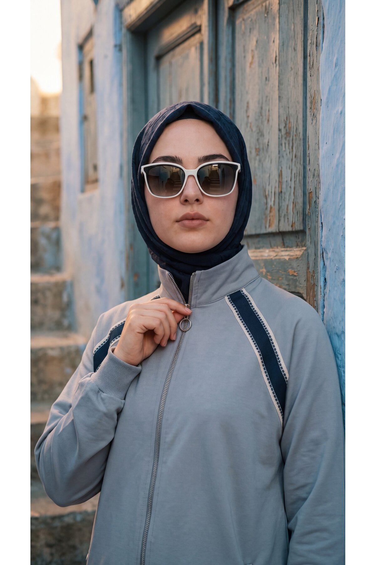 Gri Dik Yaka Fermuarlı Bol Paça Pantolonlu İkili Takım - Wovi Moda