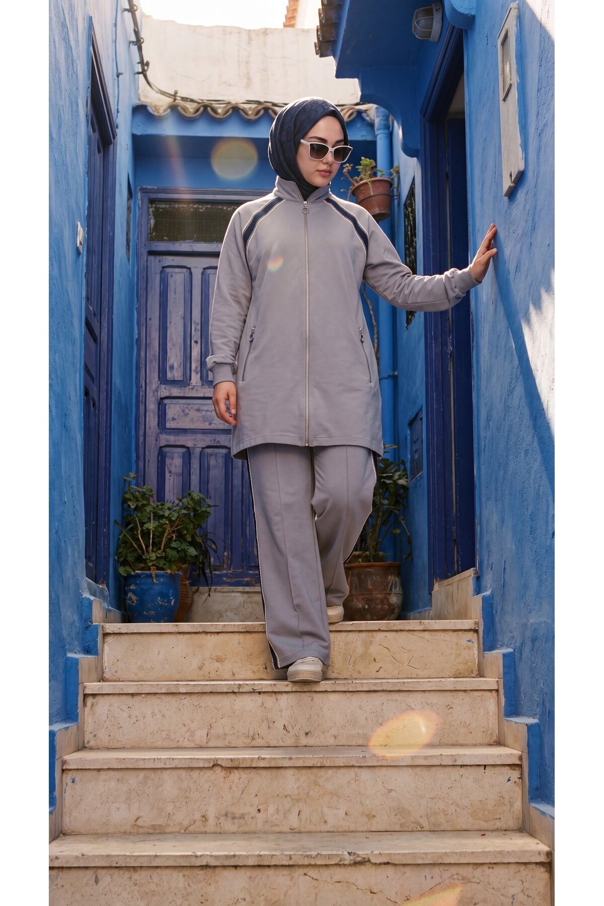 Gri Dik Yaka Fermuarlı Bol Paça Pantolonlu İkili Takım - Wovi Moda