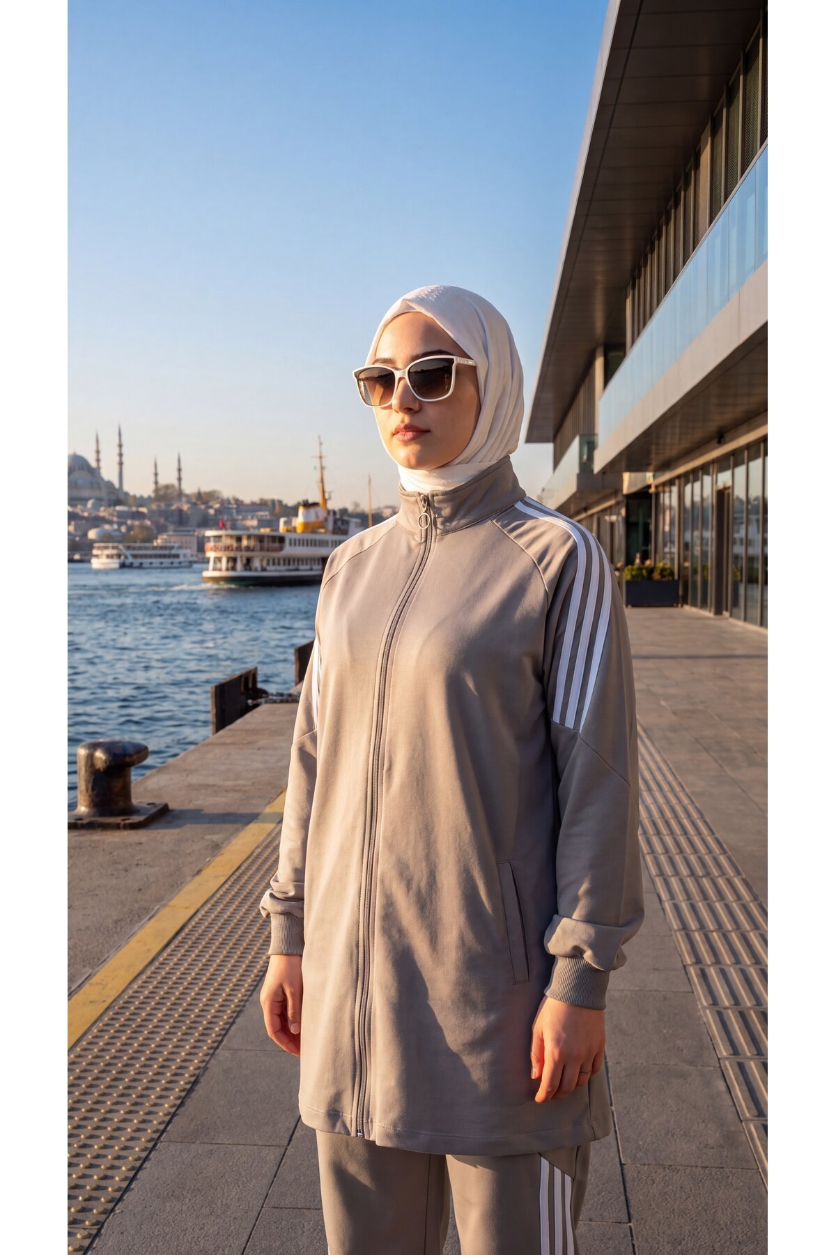Gri Şerit Detaylı Fermuarlı Eşofman Takım - Wovi Moda