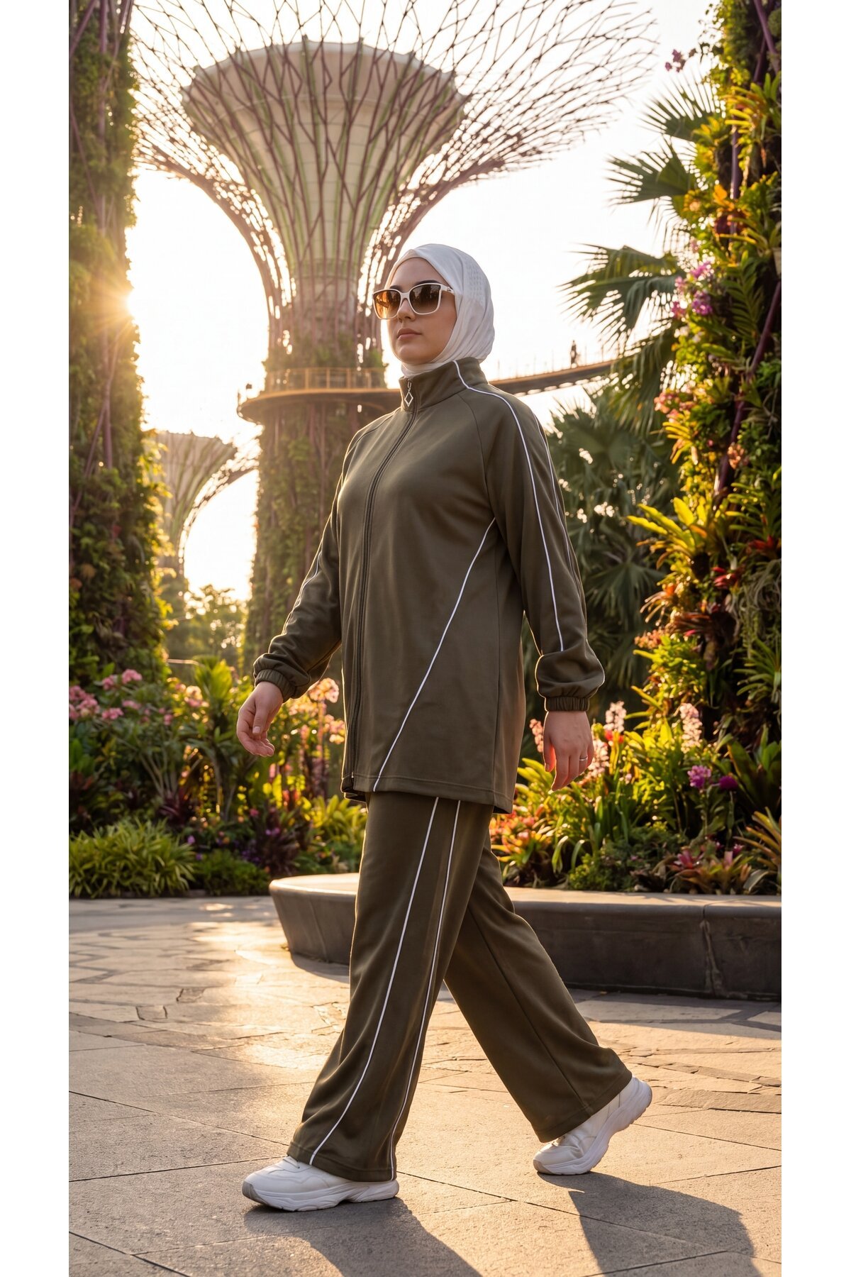 Haki Dik Yaka Fermuarlı Şeritli Pantolonlu Takım - Wovi Moda