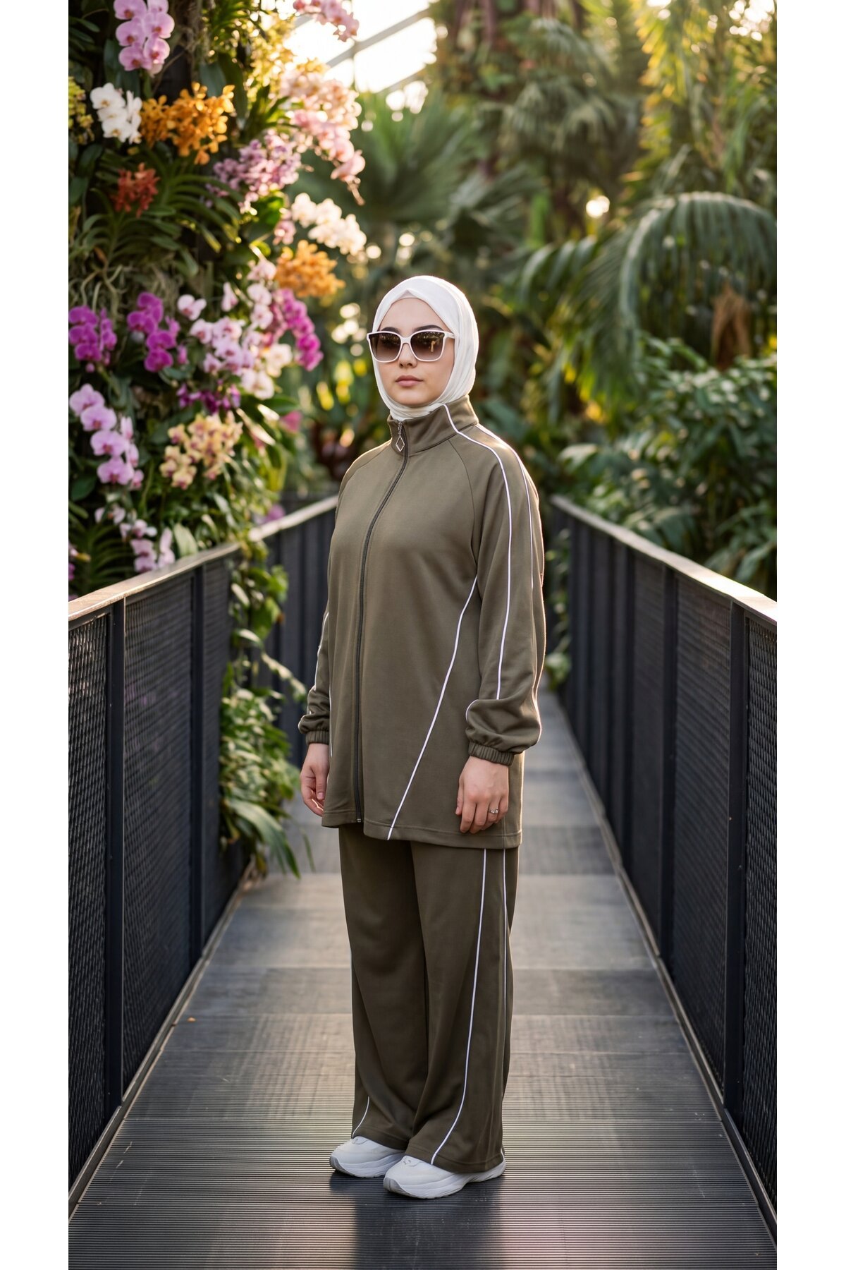 Haki Dik Yaka Fermuarlı Şeritli Pantolonlu Takım - Wovi Moda