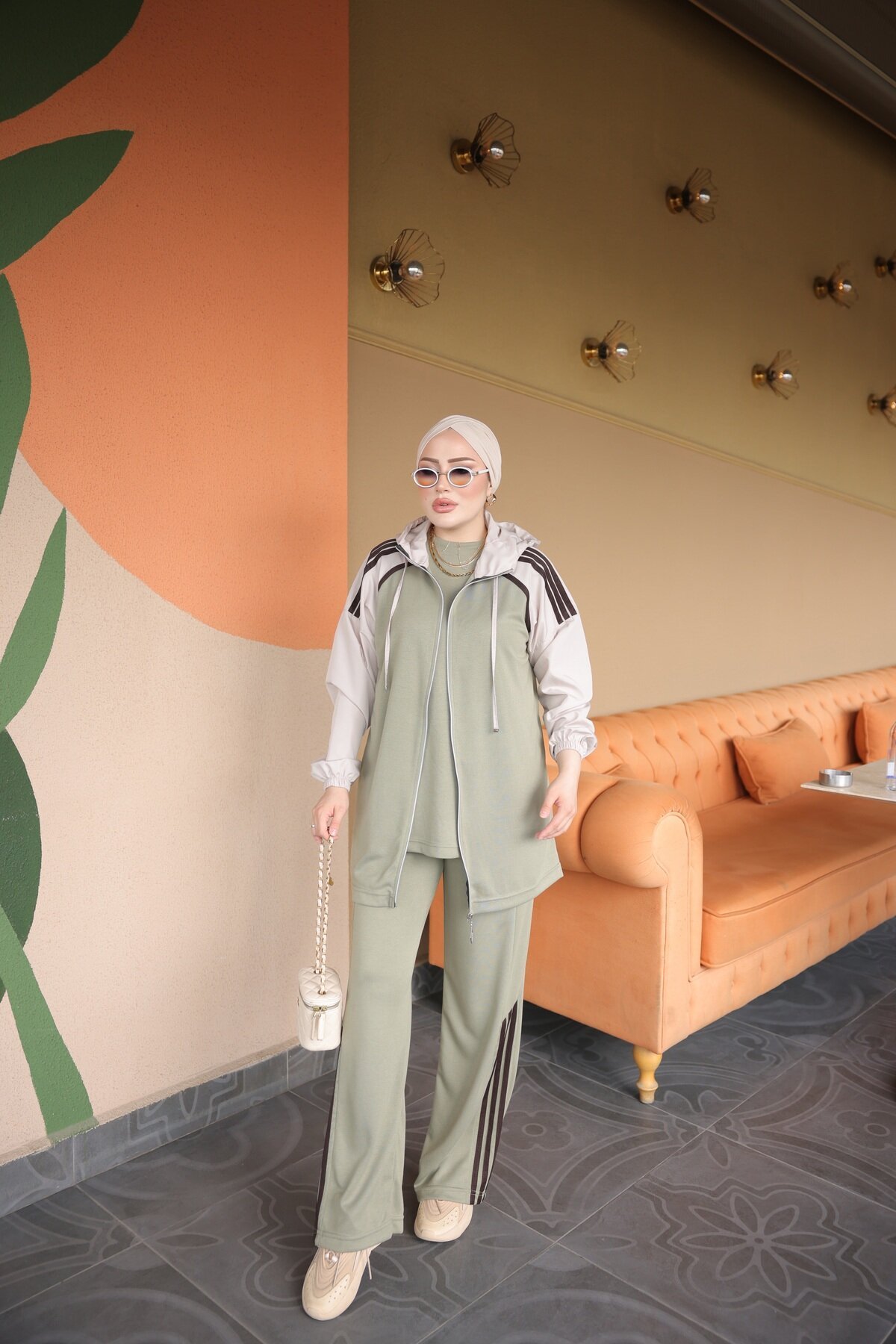 Haki Şeritli Kapüşonlu Fermuarlı 3lü Takım - Wovi Moda