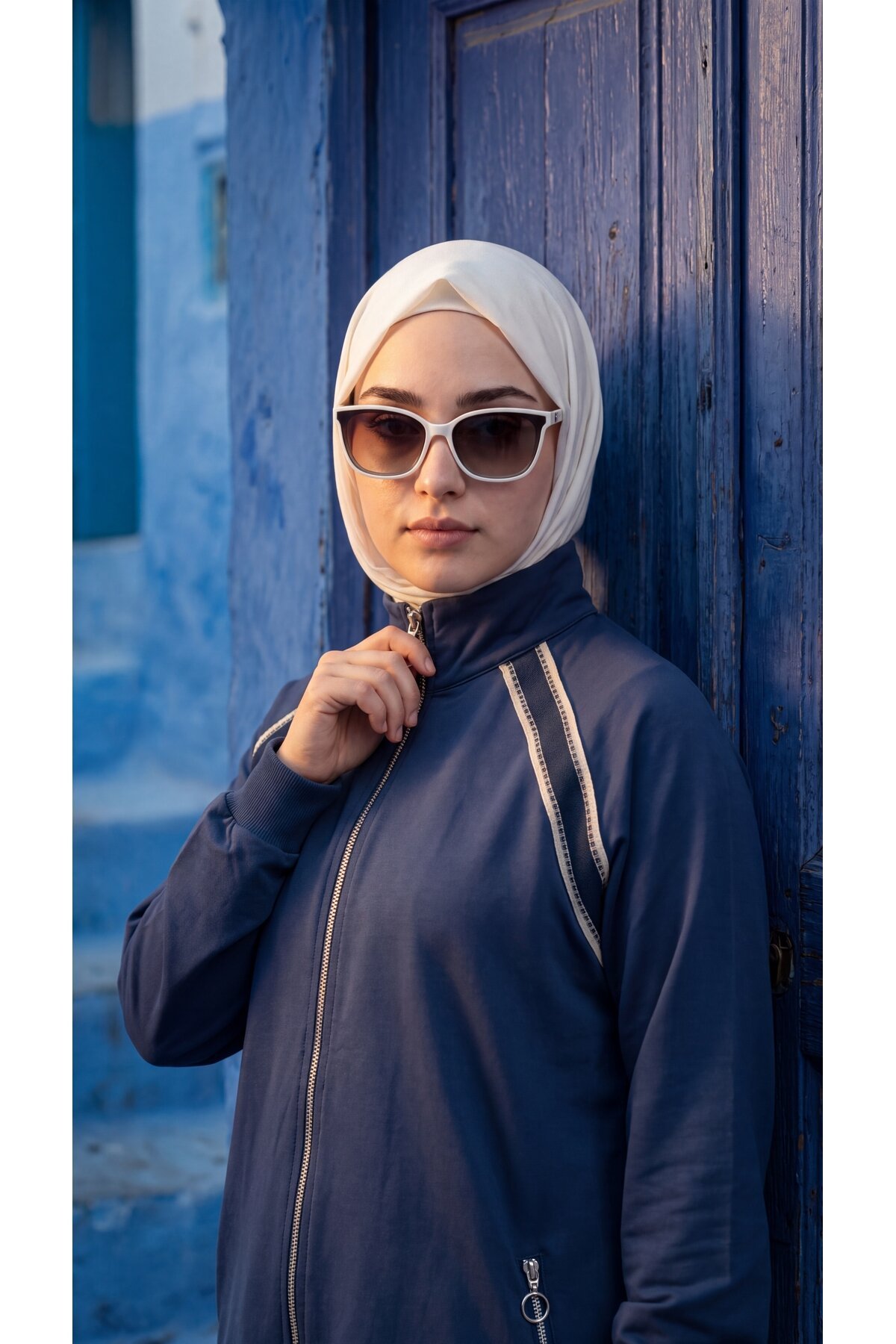 İndigo Bol Paça Dik Yaka Fermuarlı Takım - Wovi Moda