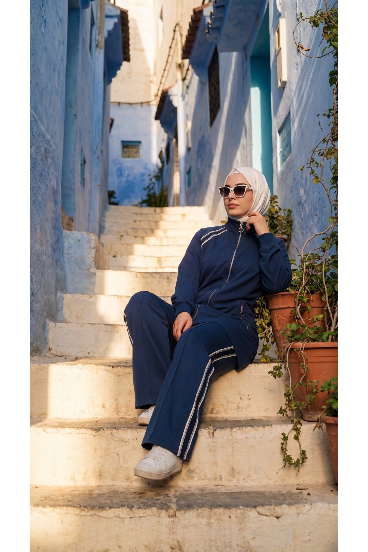 İndigo Bol Paça Dik Yaka Fermuarlı Takım - Wovi Moda
