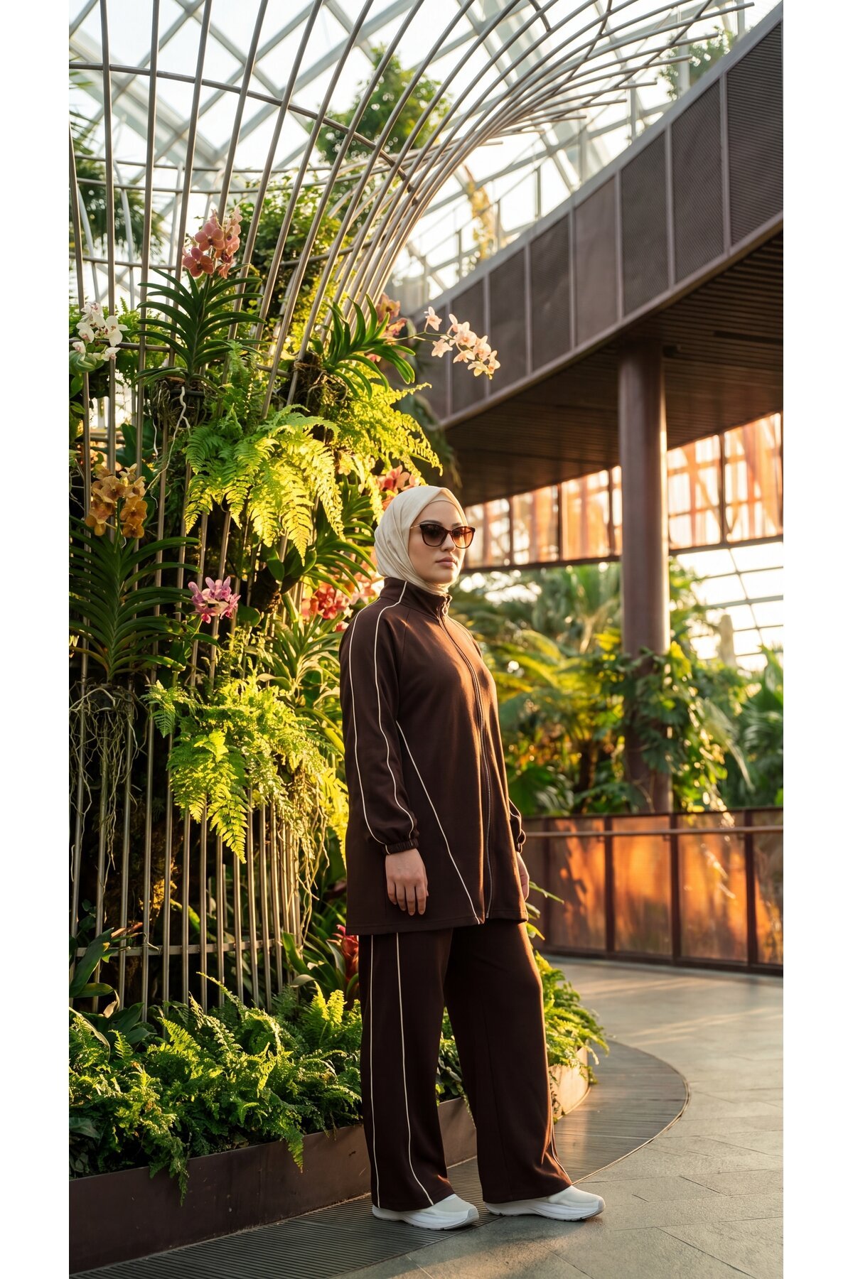 Mock Neck Zipper Striped Co-ord Set - Brown Khaki - Wovi Moda
