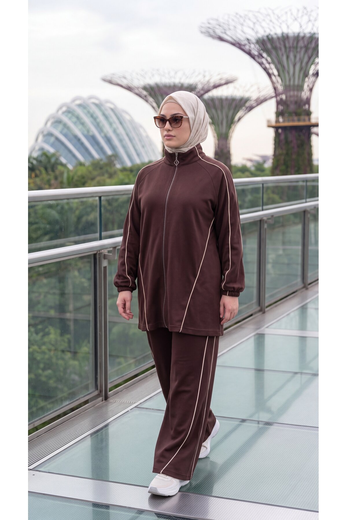 Mock Neck Zipper Striped Co-ord Set - Brown Khaki - Wovi Moda