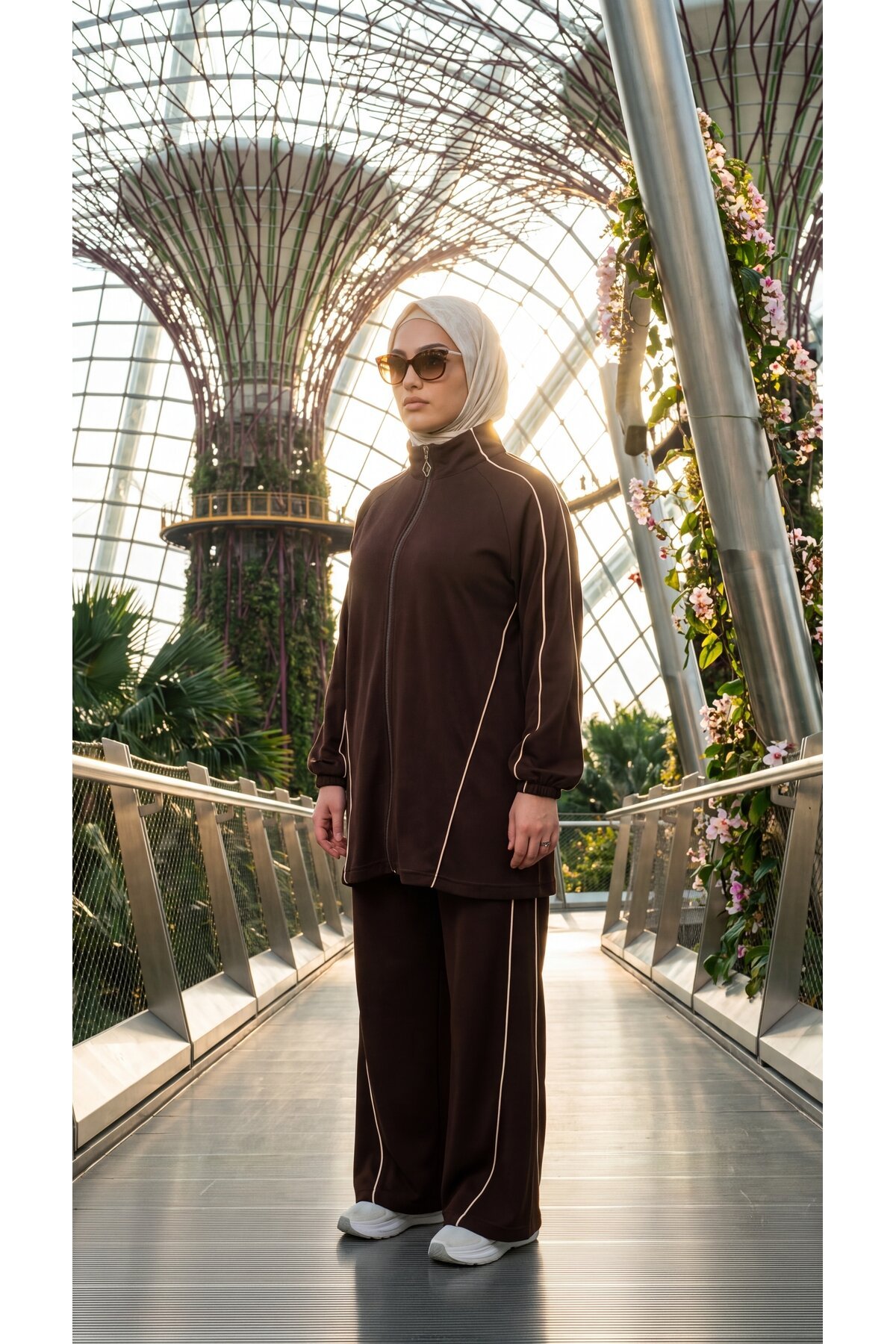 Mock Neck Zipper Striped Co-ord Set - Brown Khaki - Wovi Moda