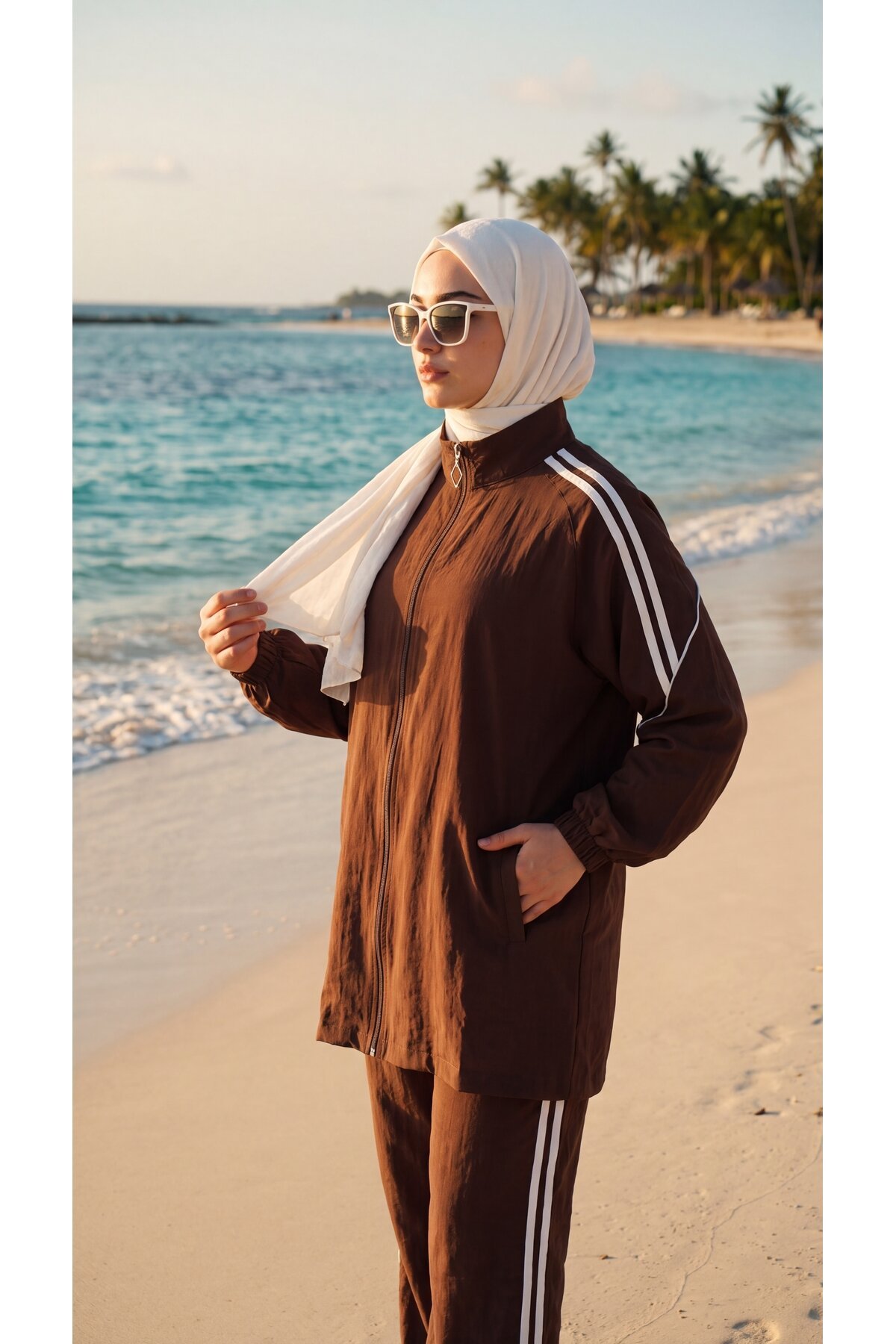 Kahverengi Rahat Kesim Şerit Detaylı Eşofman Takımı - Wovi Moda