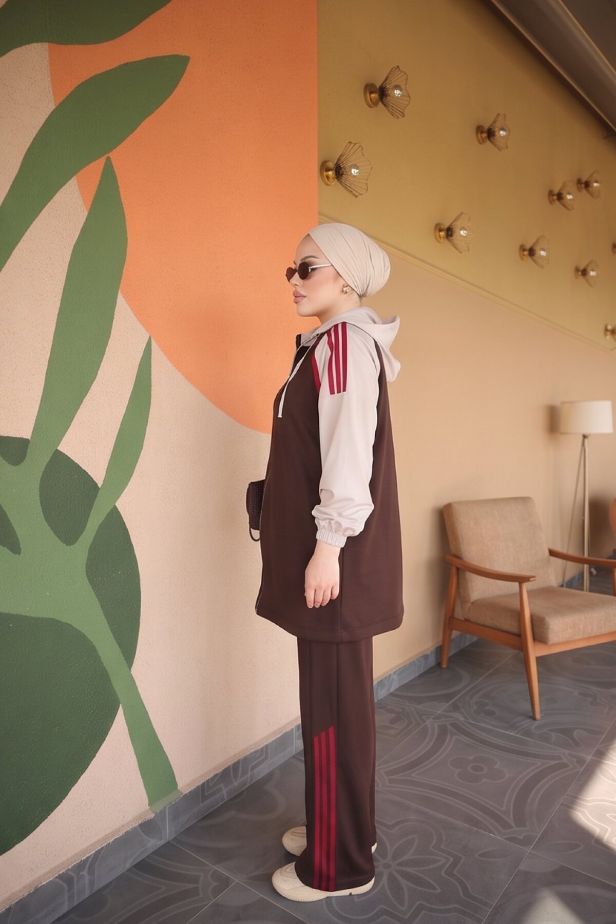 Kahverengi Şeritli Kapüşonlu Fermuarlı 3lü İkili Takım - Wovi Moda
