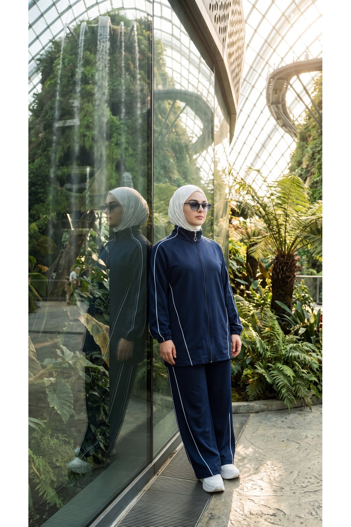 Lacivert Haki Dik Yaka Fermuarlı Şeritli Pantolonlu Takım - Wovi Moda