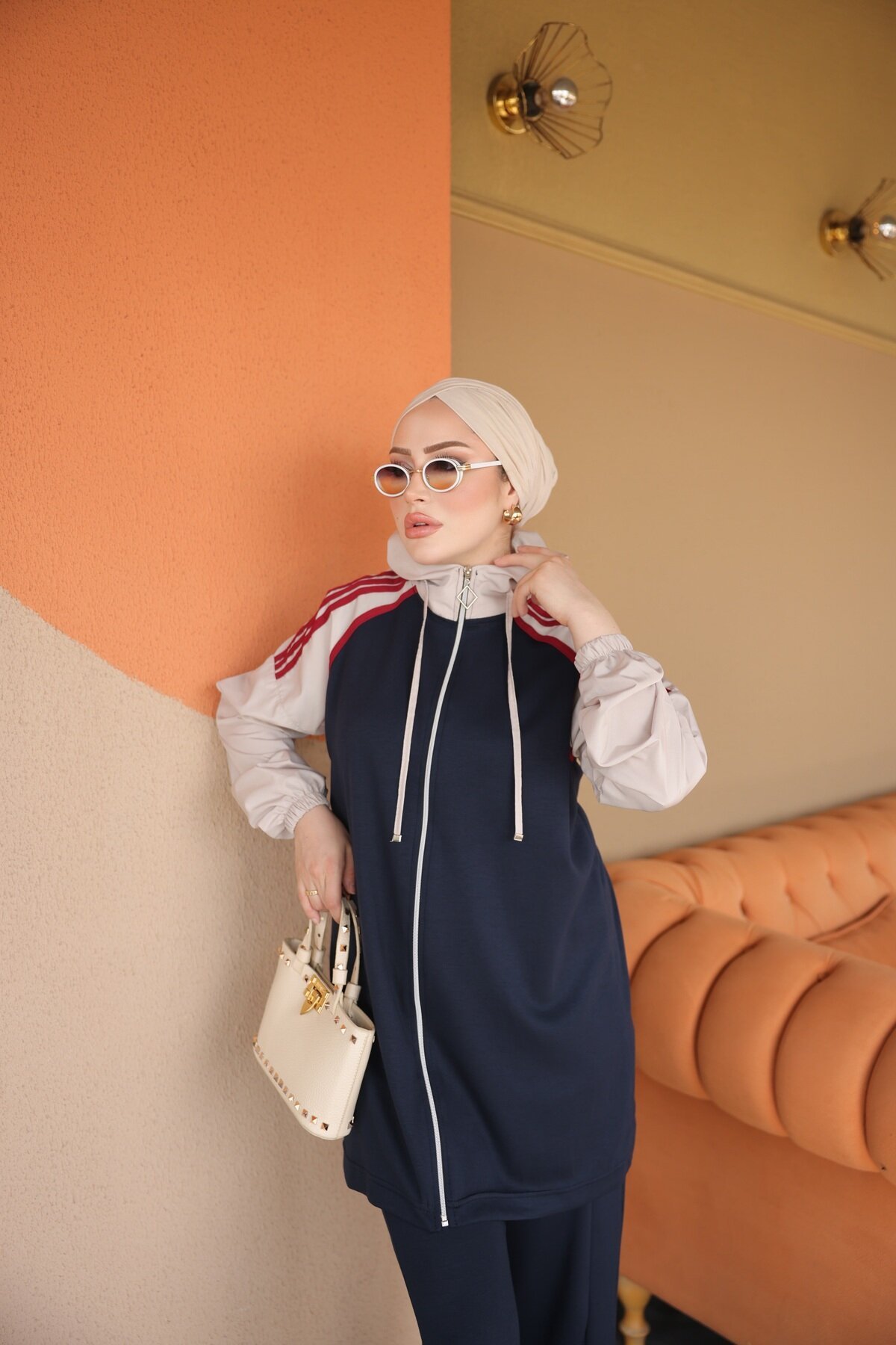 Lacivert Şeritli Kapüşonlu Fermuarlı 3lü Takım - Wovi Moda