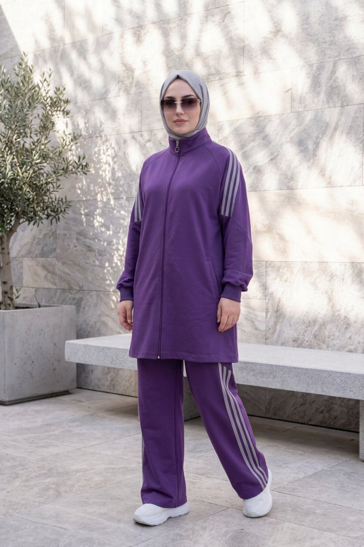 Mor Şerit Detaylı Fermuarlı Eşofman Takımı - Wovi Moda