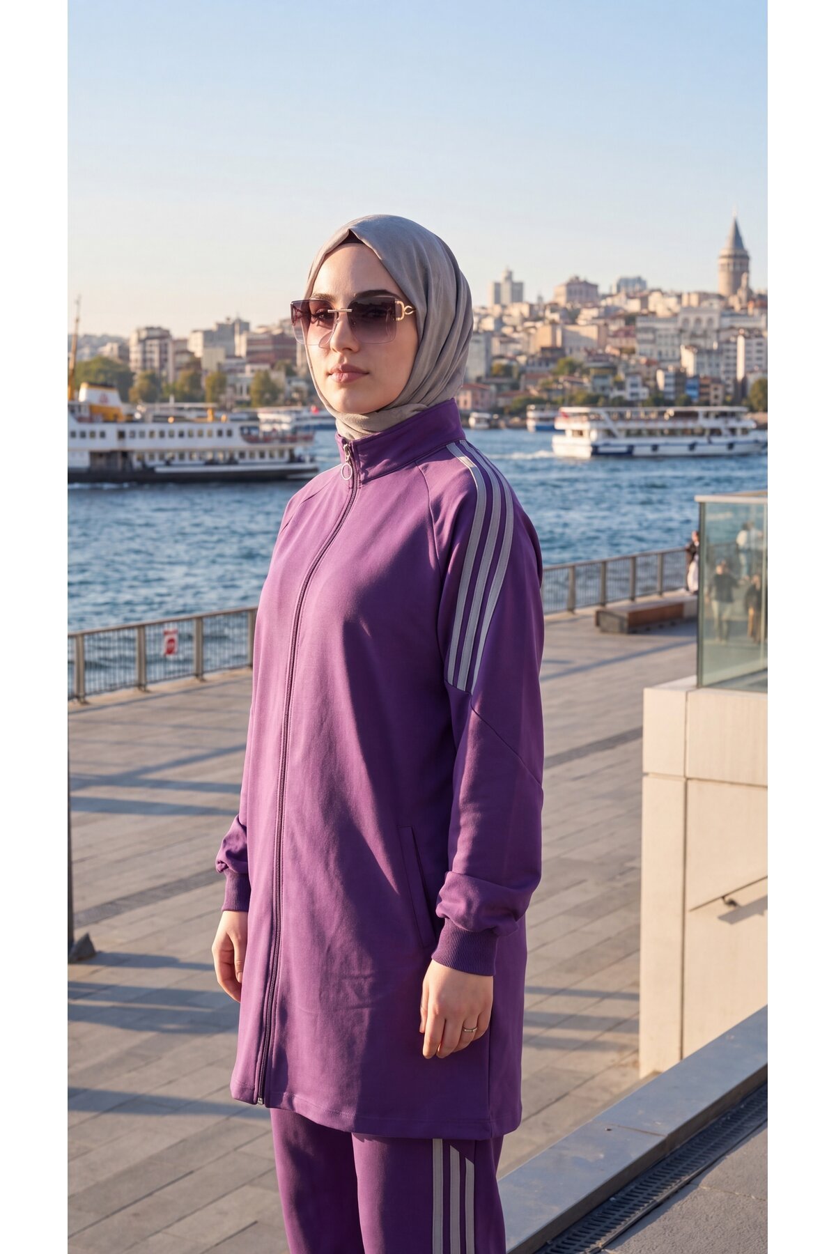 Mor Şerit Detaylı Fermuarlı Eşofman Takımı - Wovi Moda