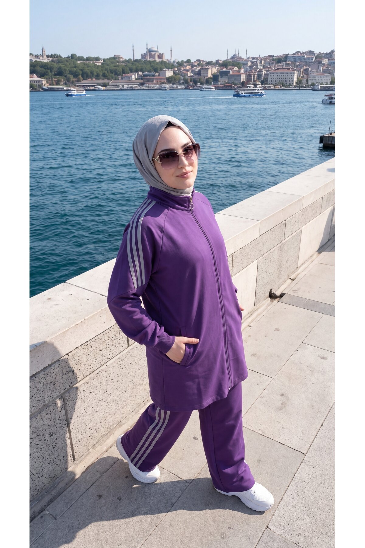 Mor Şerit Detaylı Fermuarlı Eşofman Takımı - Wovi Moda