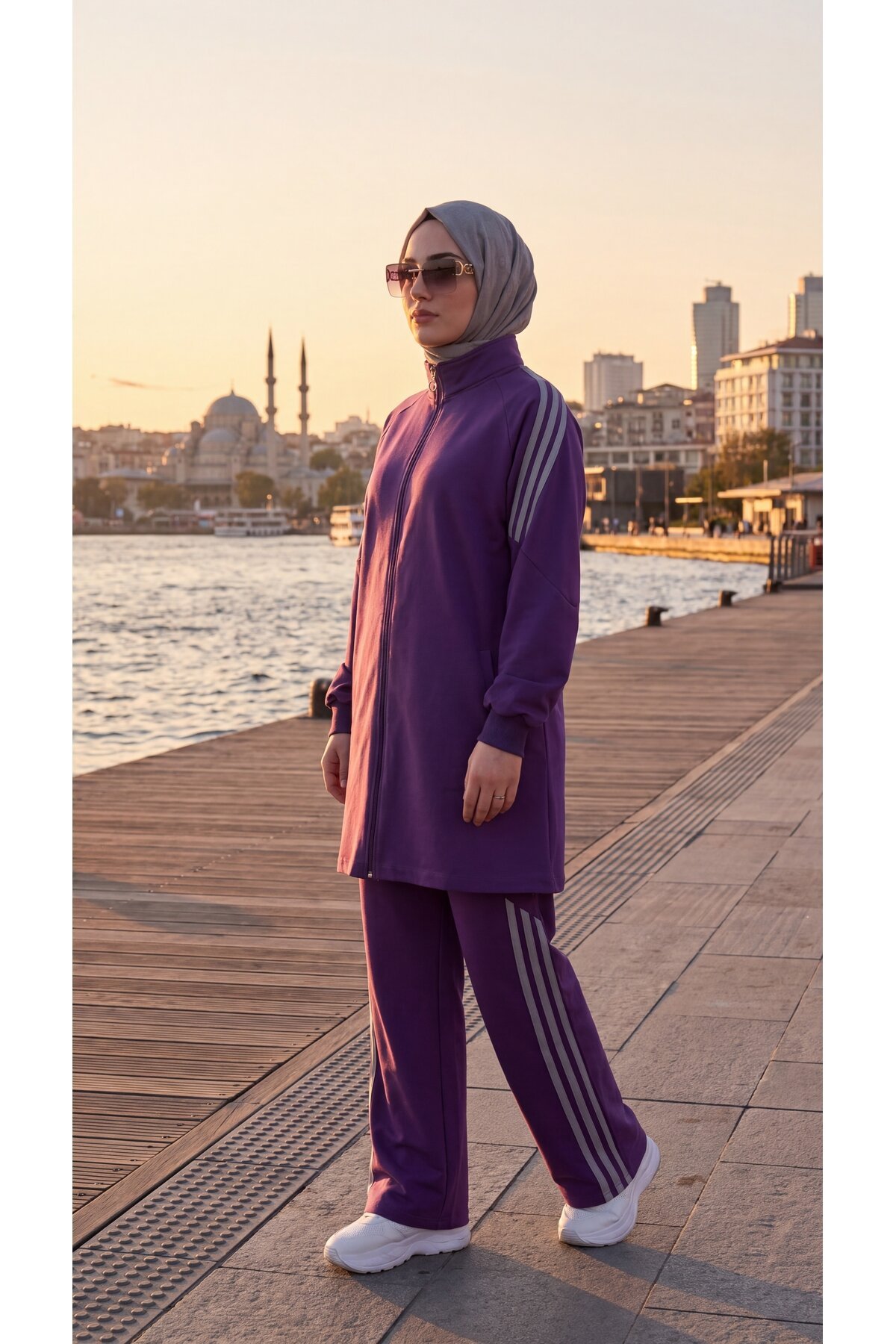 Mor Şerit Detaylı Fermuarlı Eşofman Takımı - Wovi Moda